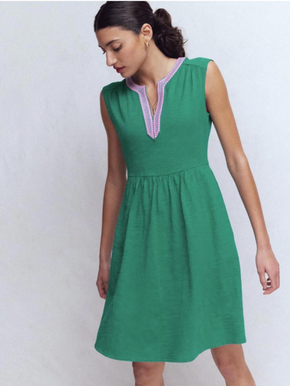 BODEN Deep Teal and Pink May V-Neck Jersey Short Cotton Dress - Size - 8